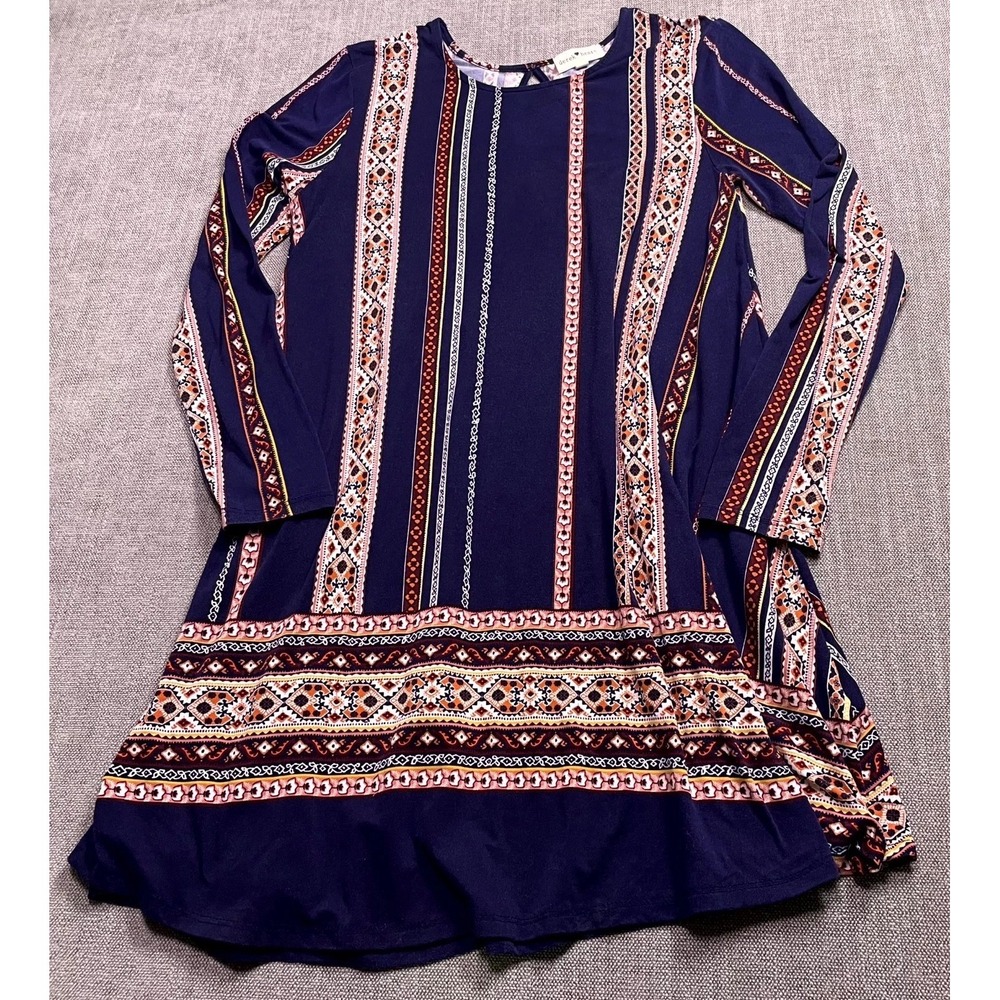 Derek Heart Tunic Dress Womens Large Multicolor Geometric Stretch Keyhole Back